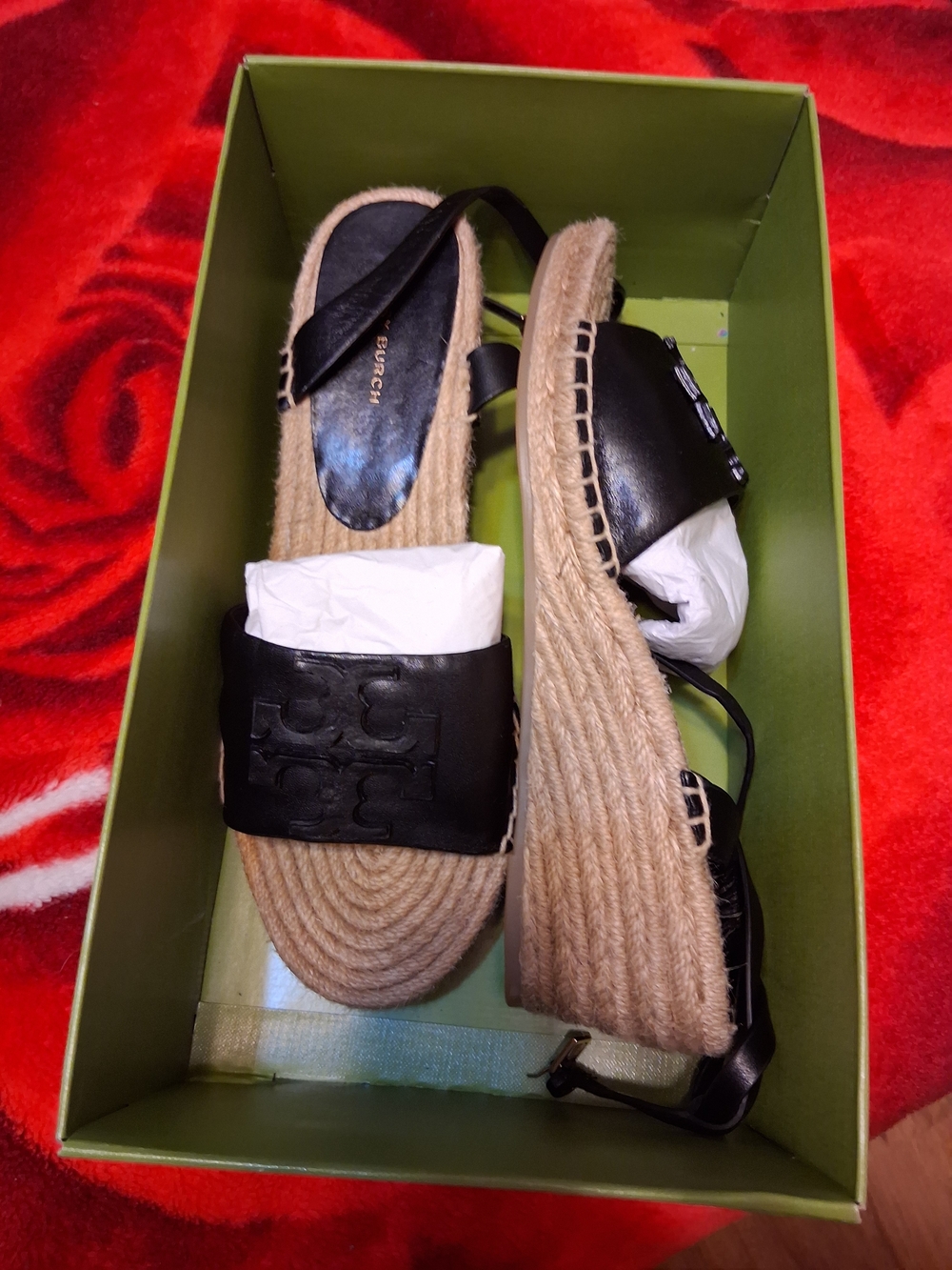 Tory Burch Black Leather Espadrille Wedge Sandals